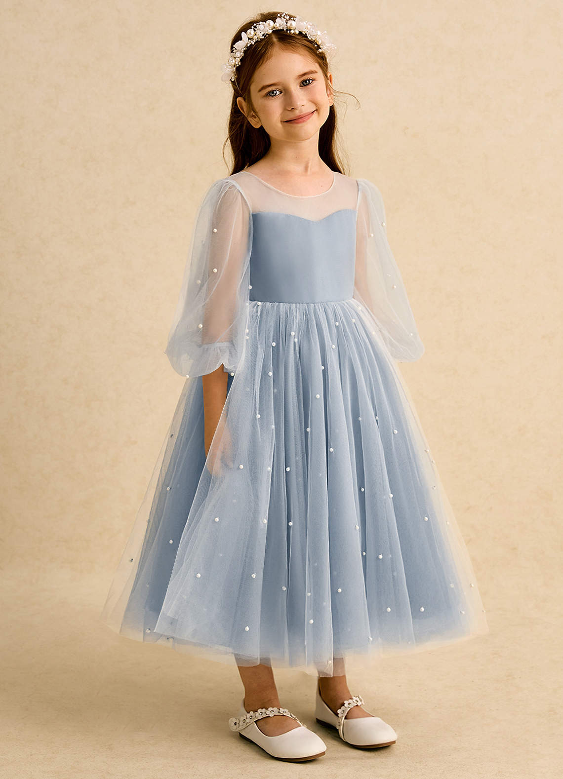 Azazie Trudy Flower Girl Dresses Dusty Blue Ball-Gown Sweetheart Neckline Tulle Dress image1