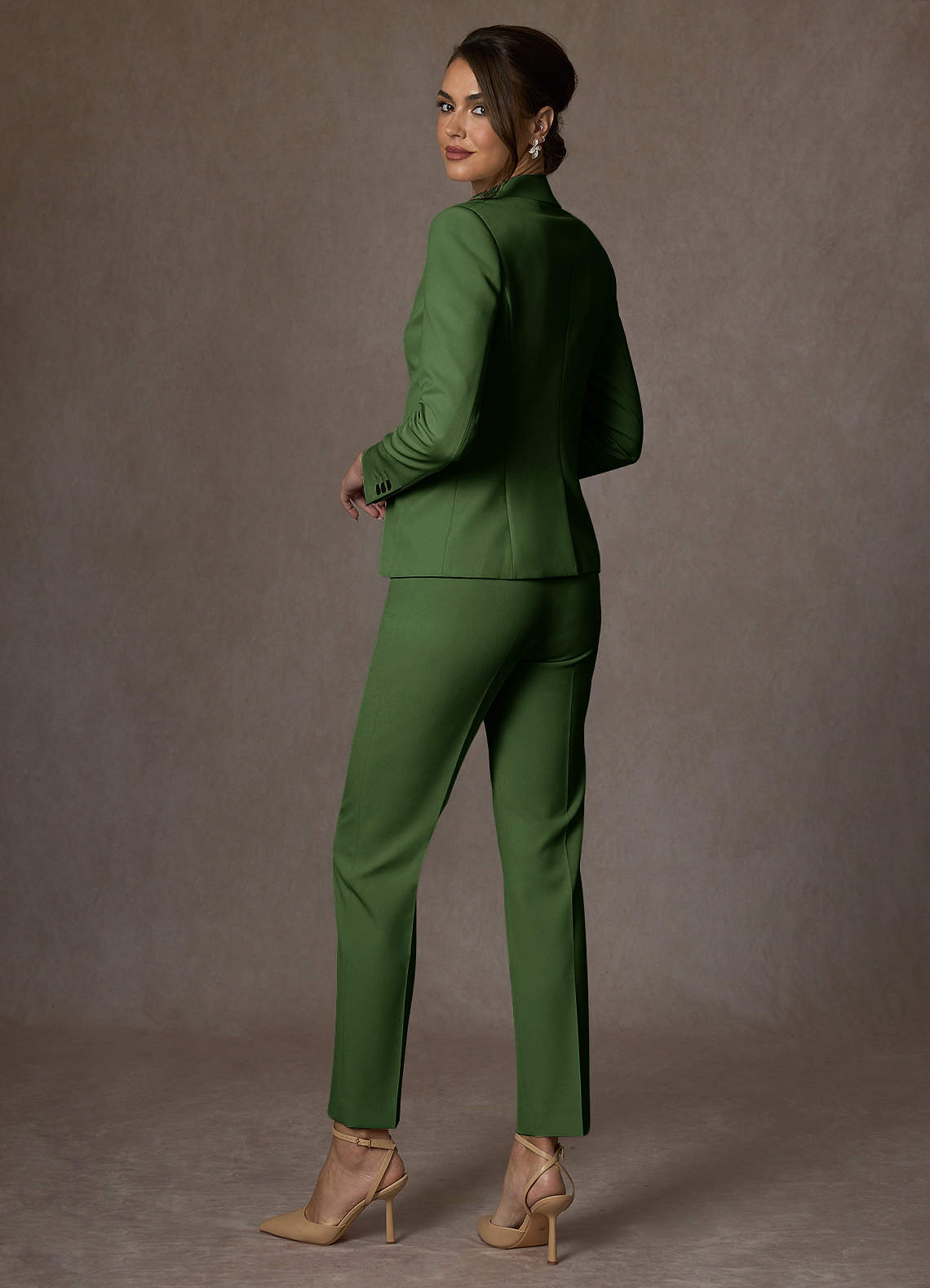 front Whitney Olive Structured Stretch Full Length Pants Suit