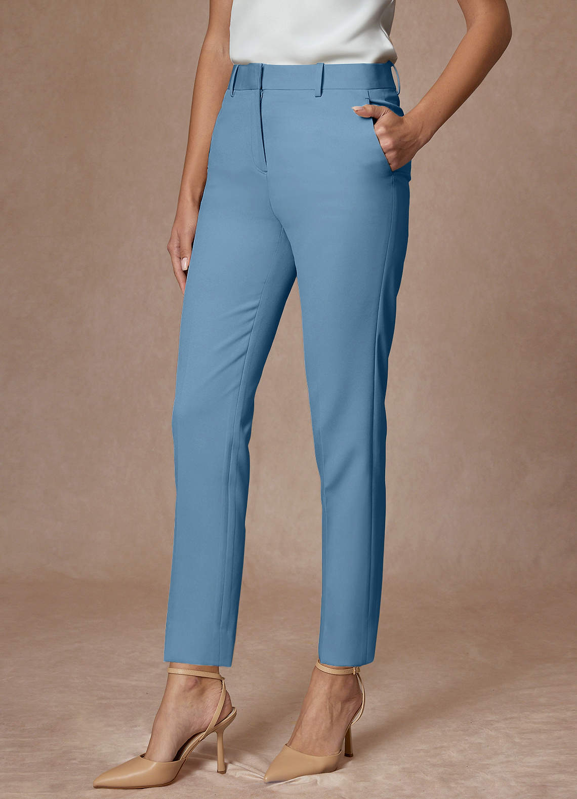 front Whitney Stalowo Niebieski Spodnie Wizytowe O Pełnej Długości Ze Stretchem I Strukturą