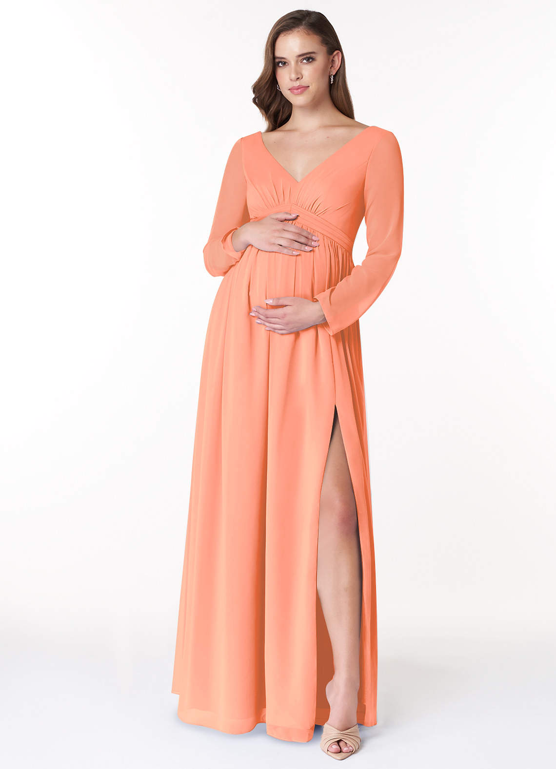 Azazie Teton Robes de demoiselle d'honneur de maternité Robe Trapèze Manche longue Longueur ras du sol Mousseline de soie image1