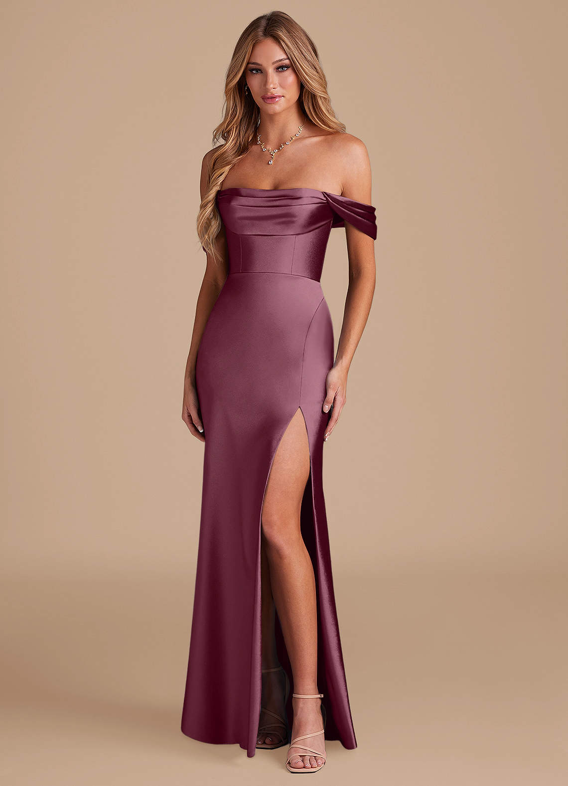 Azazie Saige Bridesmaid Dresses Cabernet A-Line Off the Shoulder Metallic Satin Convertible Dress image1
