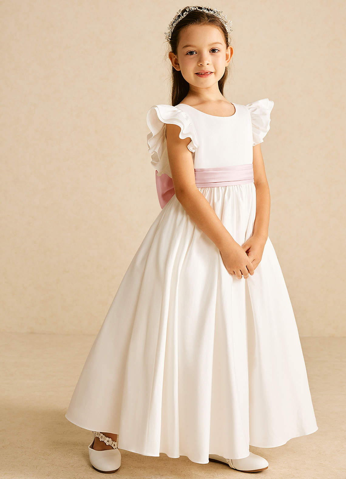 Azazie Aero Flower Girl Dresses Ivory Blushing Pink A-Line Pleated Cotton Dress image4