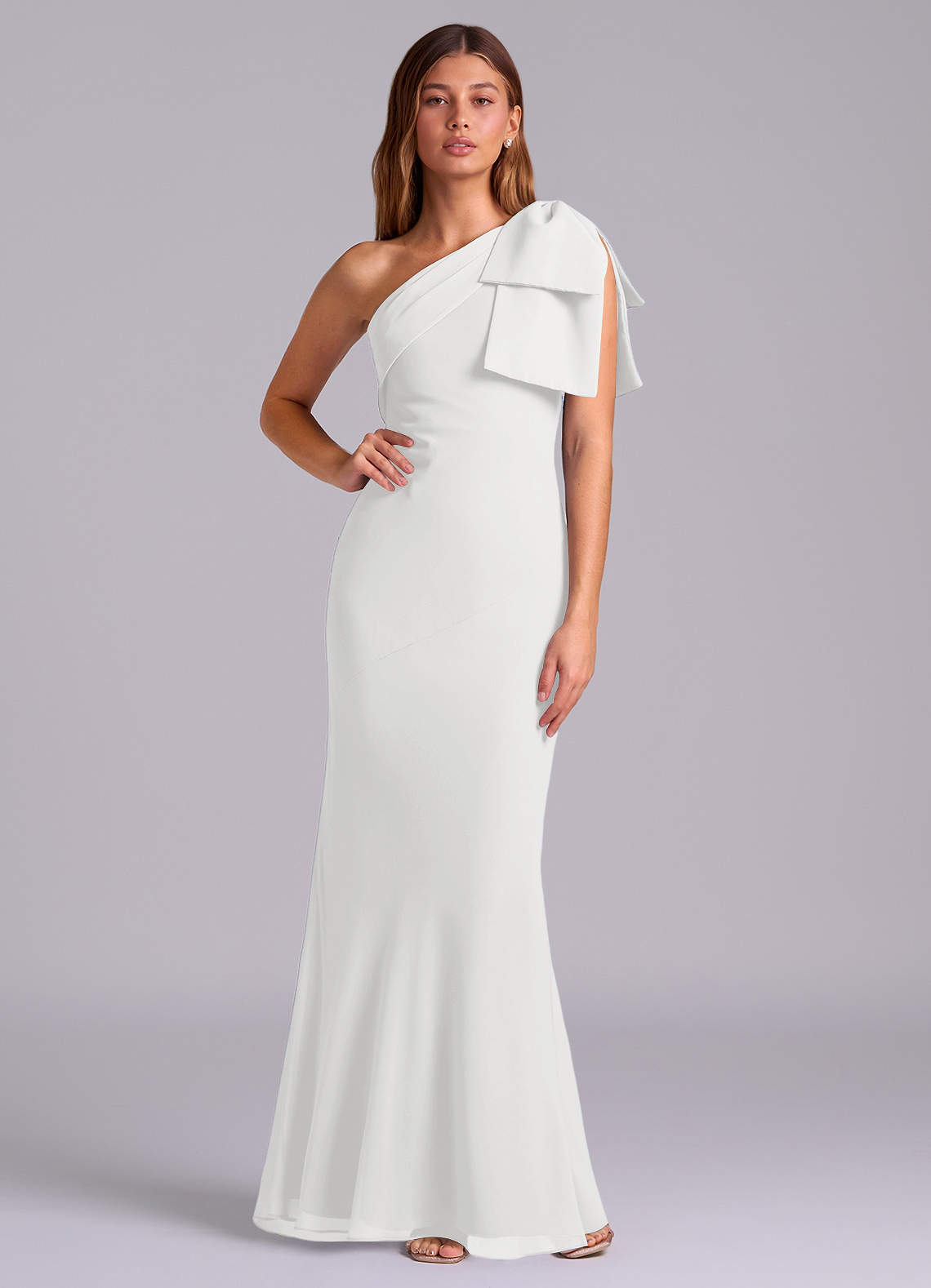 one shoulder white chiffon dress Berylove Women White Formal Dress One Shoulder A Line Ruffled Chiffon Wedding Guest Dress, White / US26W