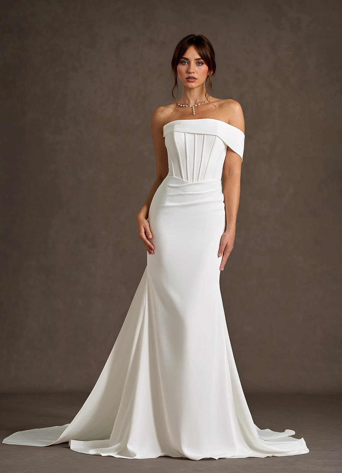 Azazie Grace Wedding Dresses Diamond White Mermaid Off the Shoulder Crepe Back Satin Dress image1