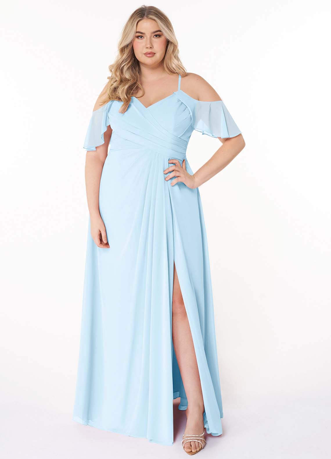 Azazie Dakota Bridesmaid Dresses Sky Blue A-Line V-Neck Pleated Chiffon Dress image1