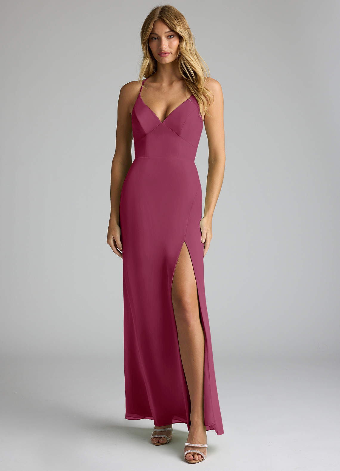 chiffon mulberry bridesmaid dresses V-Neck Pleated A-Line Chiffon Bridesmaid Dress in Mulberry, Mulberry / 26 main image 0