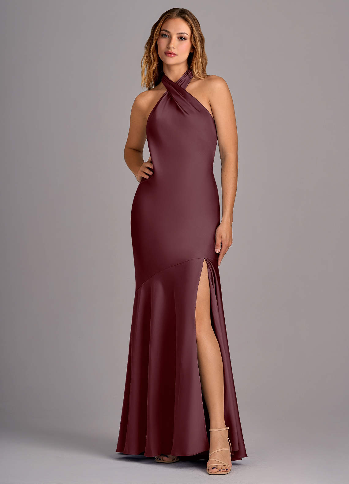 Azazie Lorena Vestidos de madrinha de casamento Vestido Sangria de Cetim elástico de sereia com Plissado image1