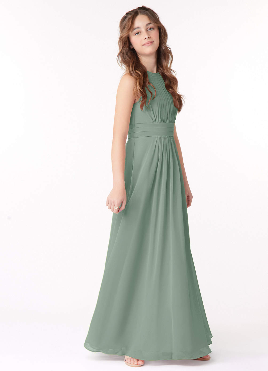 Azazie Bonnie Junior Silver Sage A-Line Pleated Chiffon Dress image1