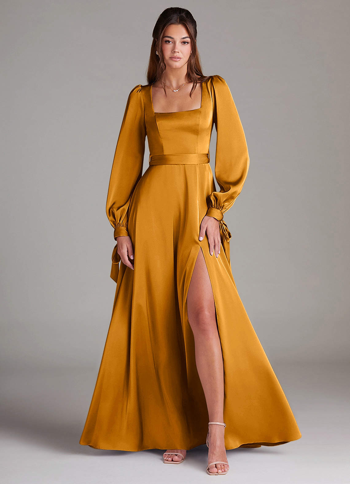 Azazie Leonia Bridesmaid Dresses Butterscotch A-Line Long Sleeve Stretch Satin Dress image1