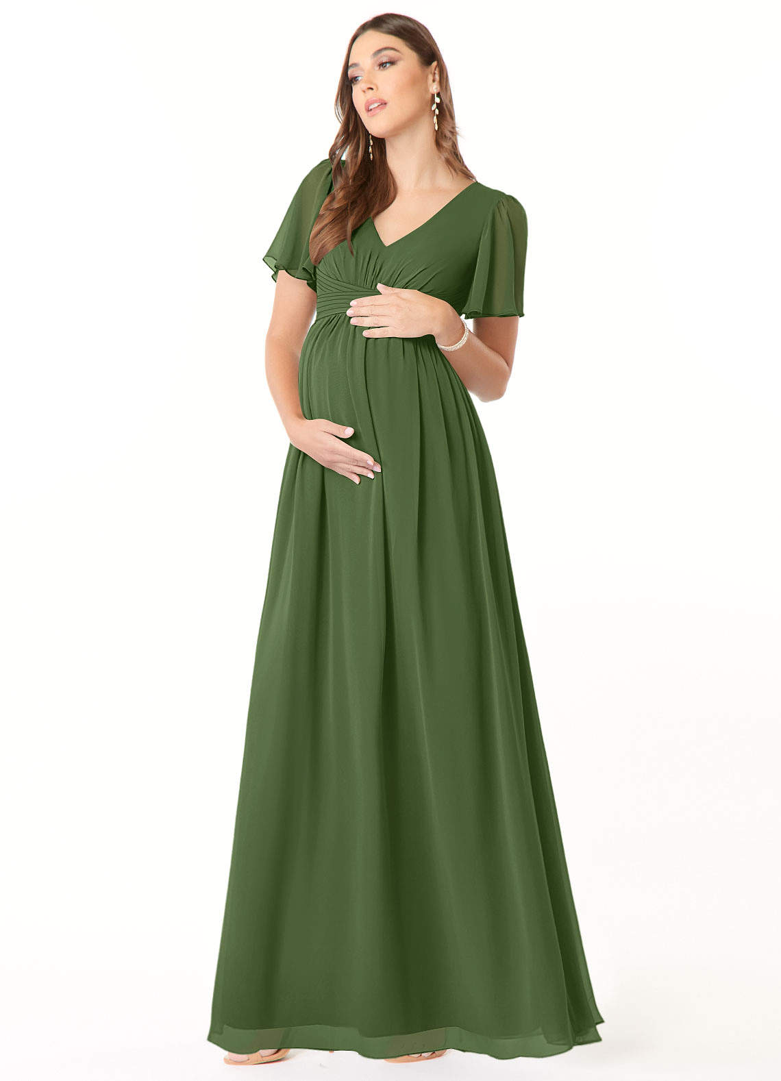 Azazie Verna vestidos de dama de honor de maternidad Vestido de Corte en A Cuello en V fruncido Hasta el suelo Gasa image2