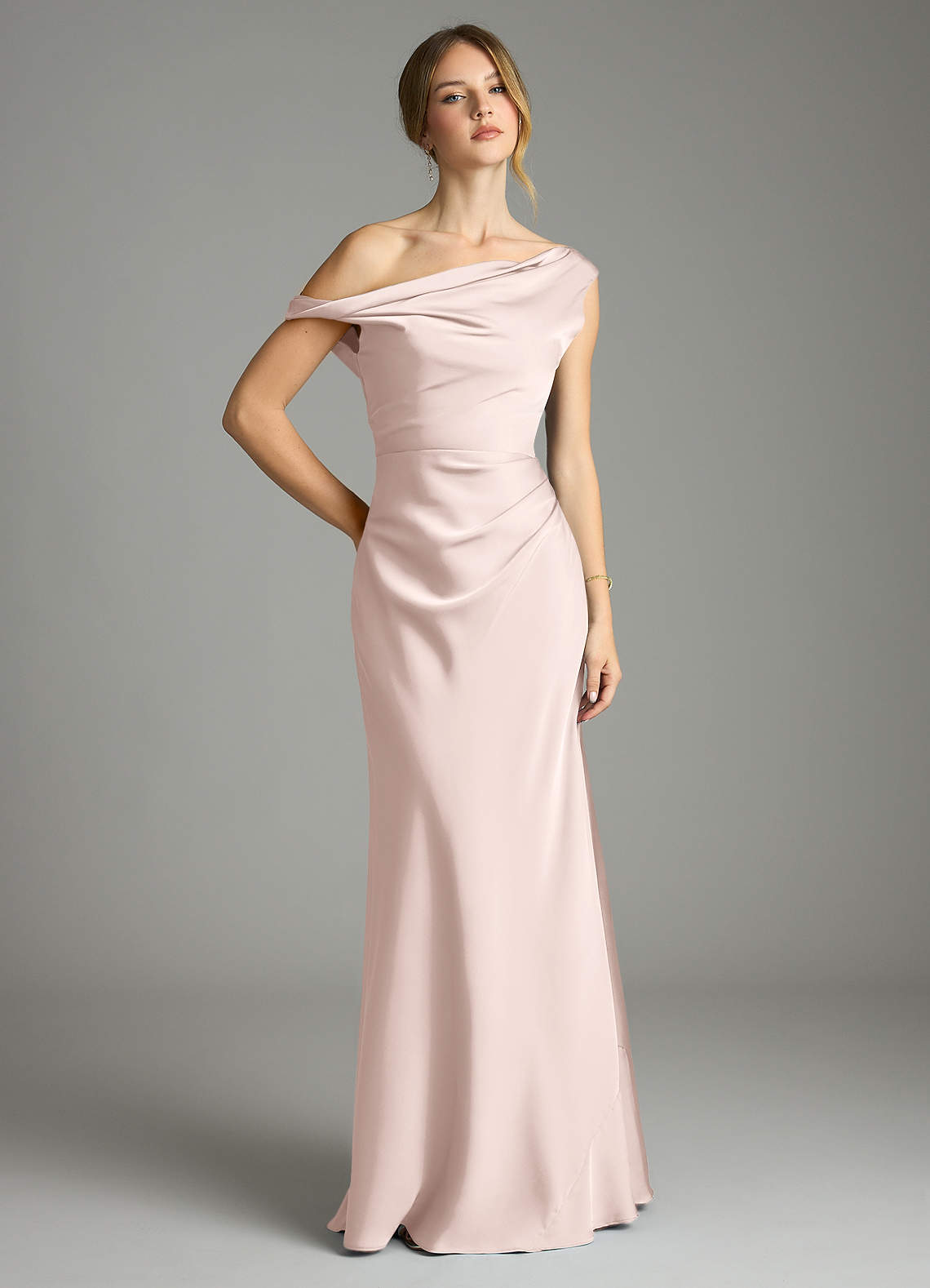 Azazie Emerson Bridesmaid Dresses Blushing Pink Mermaid Off the Shoulder Stretch Satin Dress image1