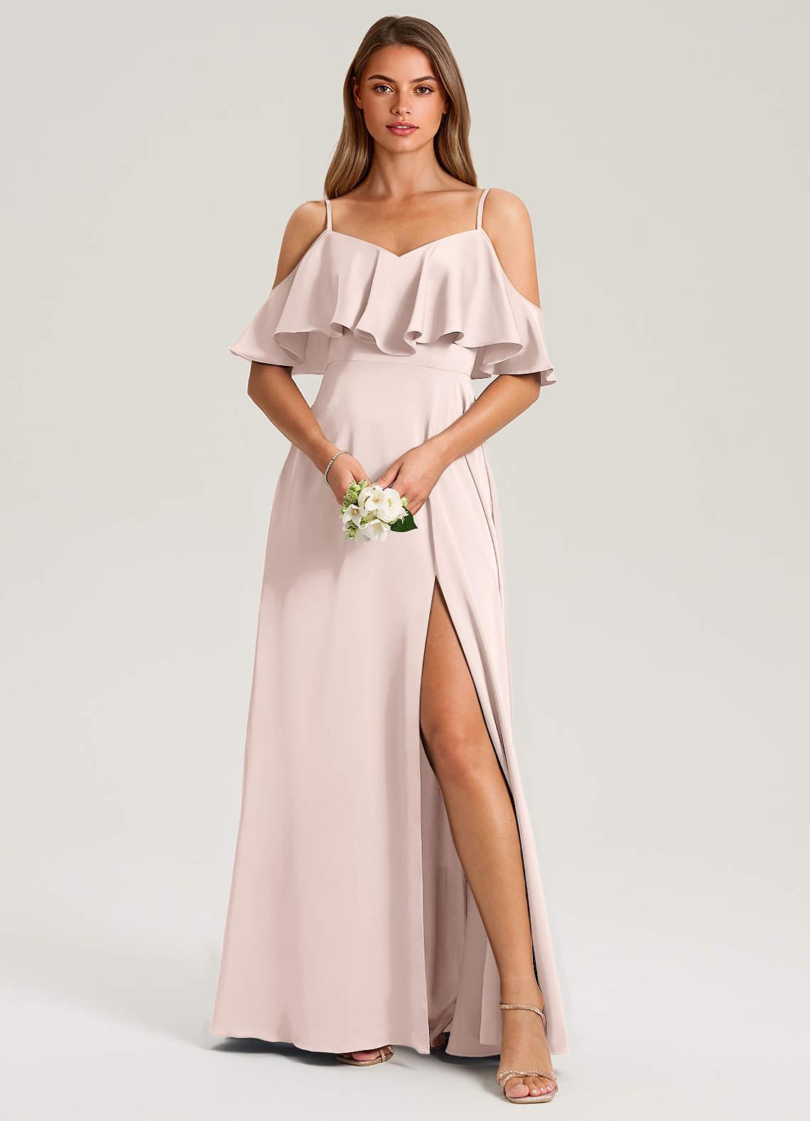 Azazie Jean Bridesmaid Dresses Blushing Pink A-Line Off the Shoulder Stretch Satin Dress image1