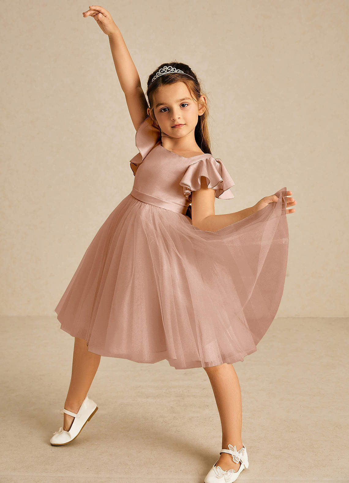 Azazie Kaeya Robe Demoiselle D'honneur Fillette Robe Trapèze en Tulle Arc Champagne Rosé image1