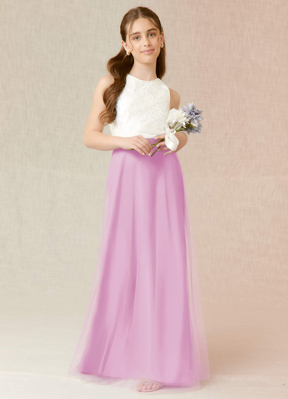 Azazie Albertine Junior Candy Pink A-Line Lace Chiffon Dress image1