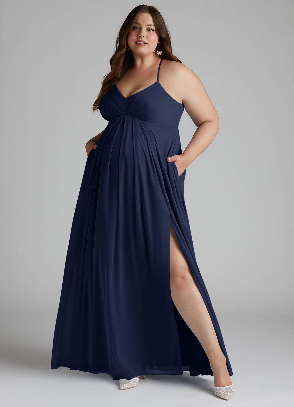 Azazie Annabelle Probar vestidos en casa Vestido de Corte en A Cuello en V plisado Hasta el suelo Malla image8