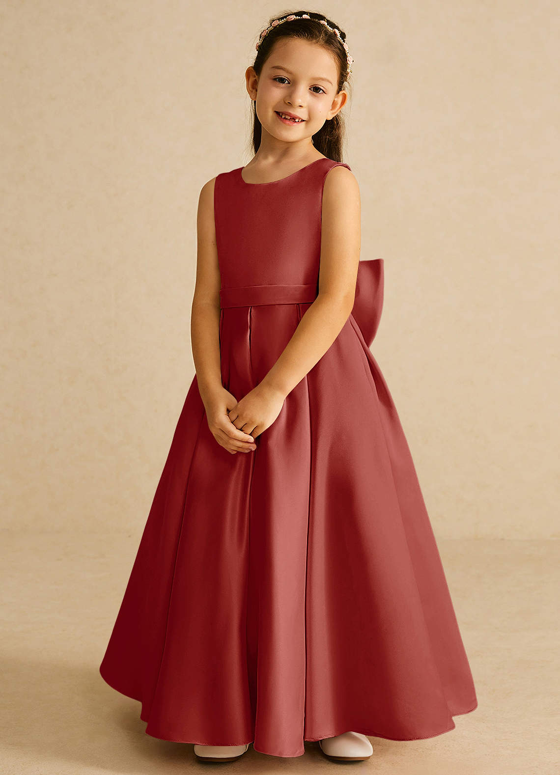 Azazie Pipsy Robe Demoiselle D'honneur Fillette Robe Trapèze en Mat Satiné Arc Terracotta image3