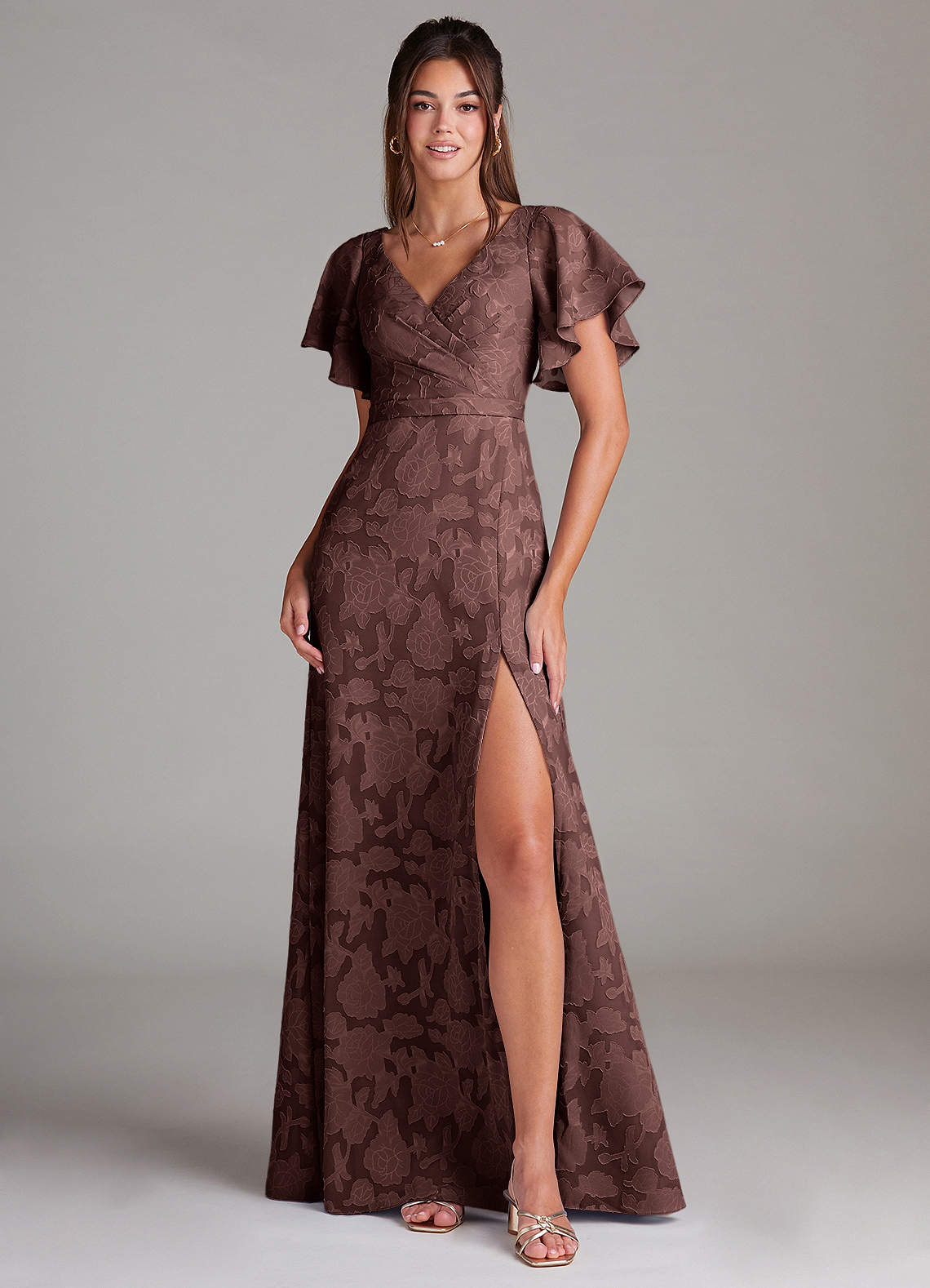 Azazie Ambrosia Jurken voor bruidsmeisjes Jurk van Bloemen Burn-out met A-Lijn Geplooid Espresso image1