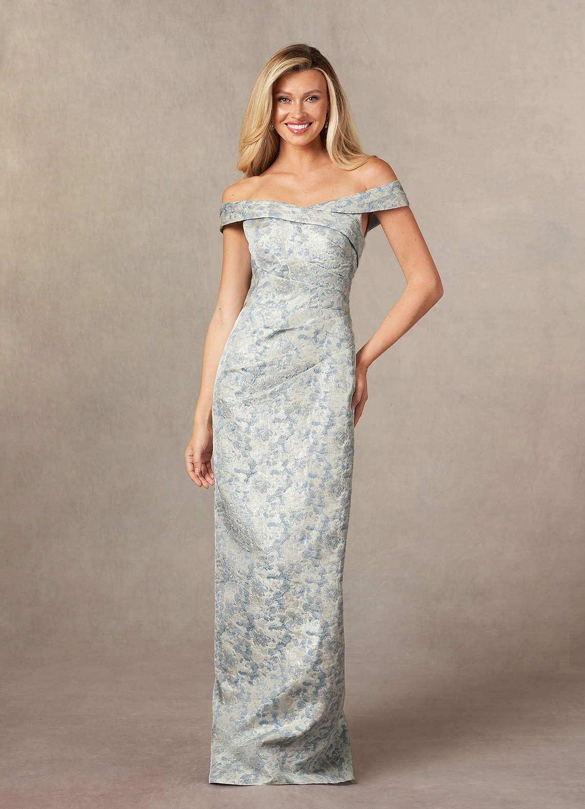 Upstudio Payne Dusty Blue Mermaid Off the Shoulder Jacquard Dress Azazie