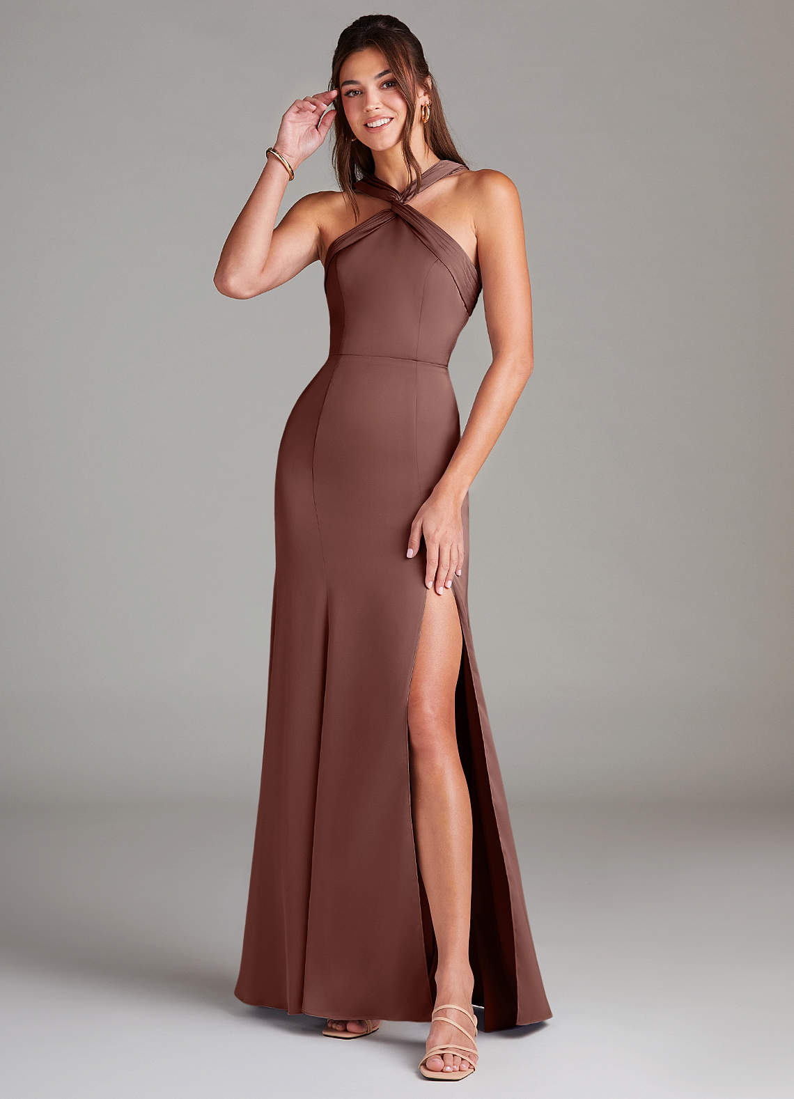 Azazie Rue Bridesmaid Dresses Espresso A-Line Pleated Stretch Satin Dress image1