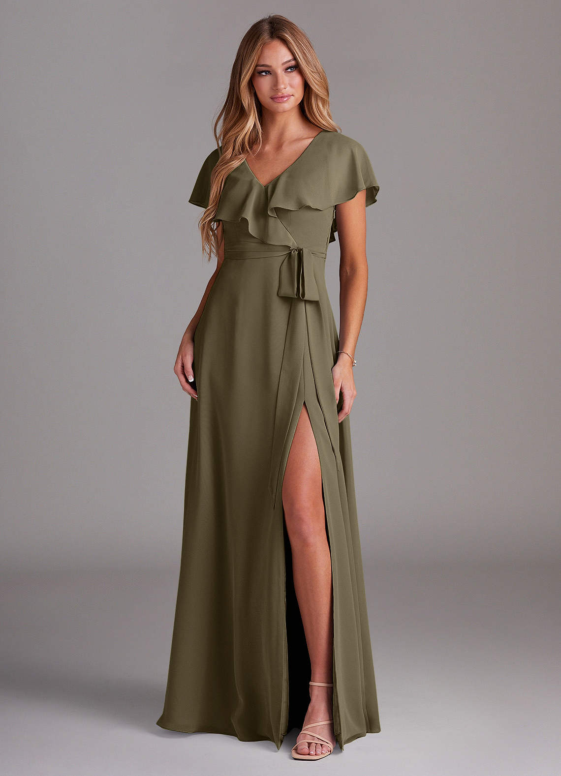 Azazie Lainey At-home Try On Dresses Dusty Sage A-Line with Pockets Chiffon Dress image2