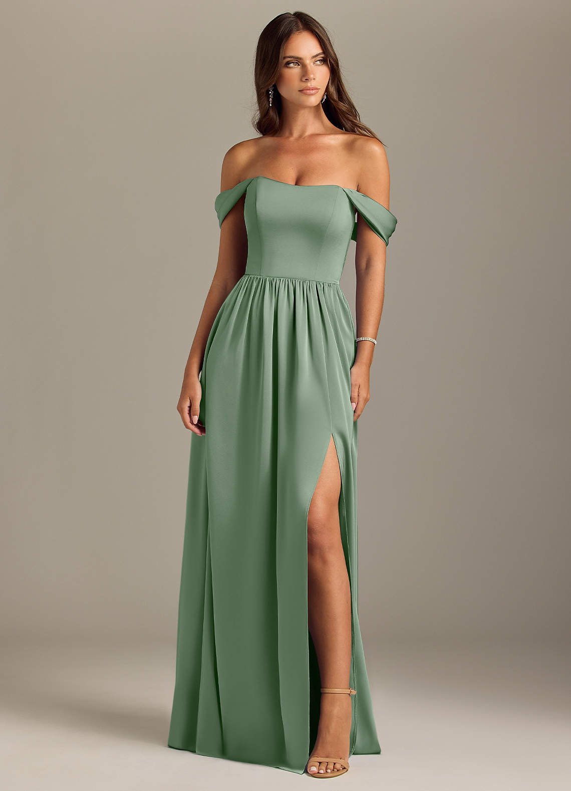 Azazie Calianna Bridesmaid Dresses Matcha A-Line Off the Shoulder Stretch Satin Convertible Dress image1
