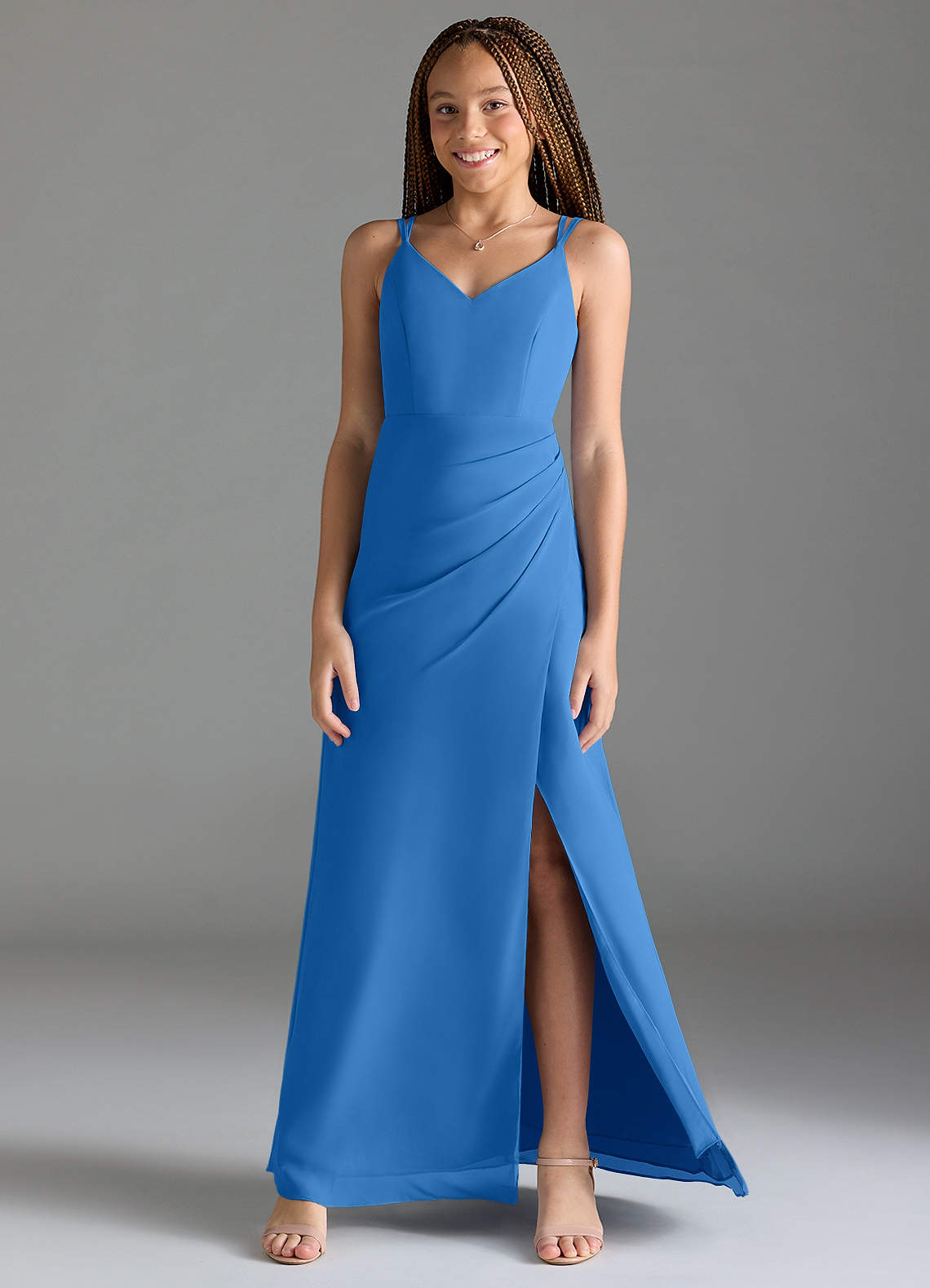 Azazie Leo Junior Abito Sirena in Chiffon Plissettato Blue Jay image1