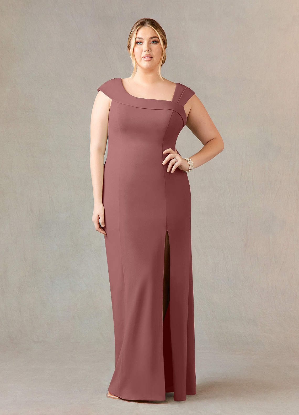 Azazie Ellen Mother of the Bride Dresses Desert Rose Sheath Side Slit Stretch Crepe Dress image1