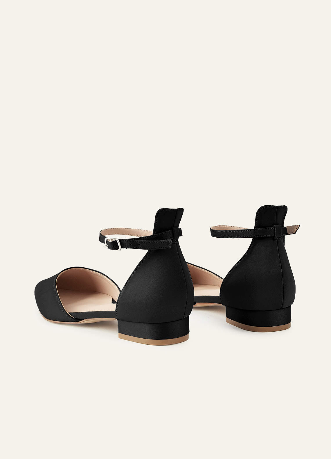 front Matching Color Matte Satin Pointed Toe Ankle Strap Flat Pumps Low Heel Wedding Shoes