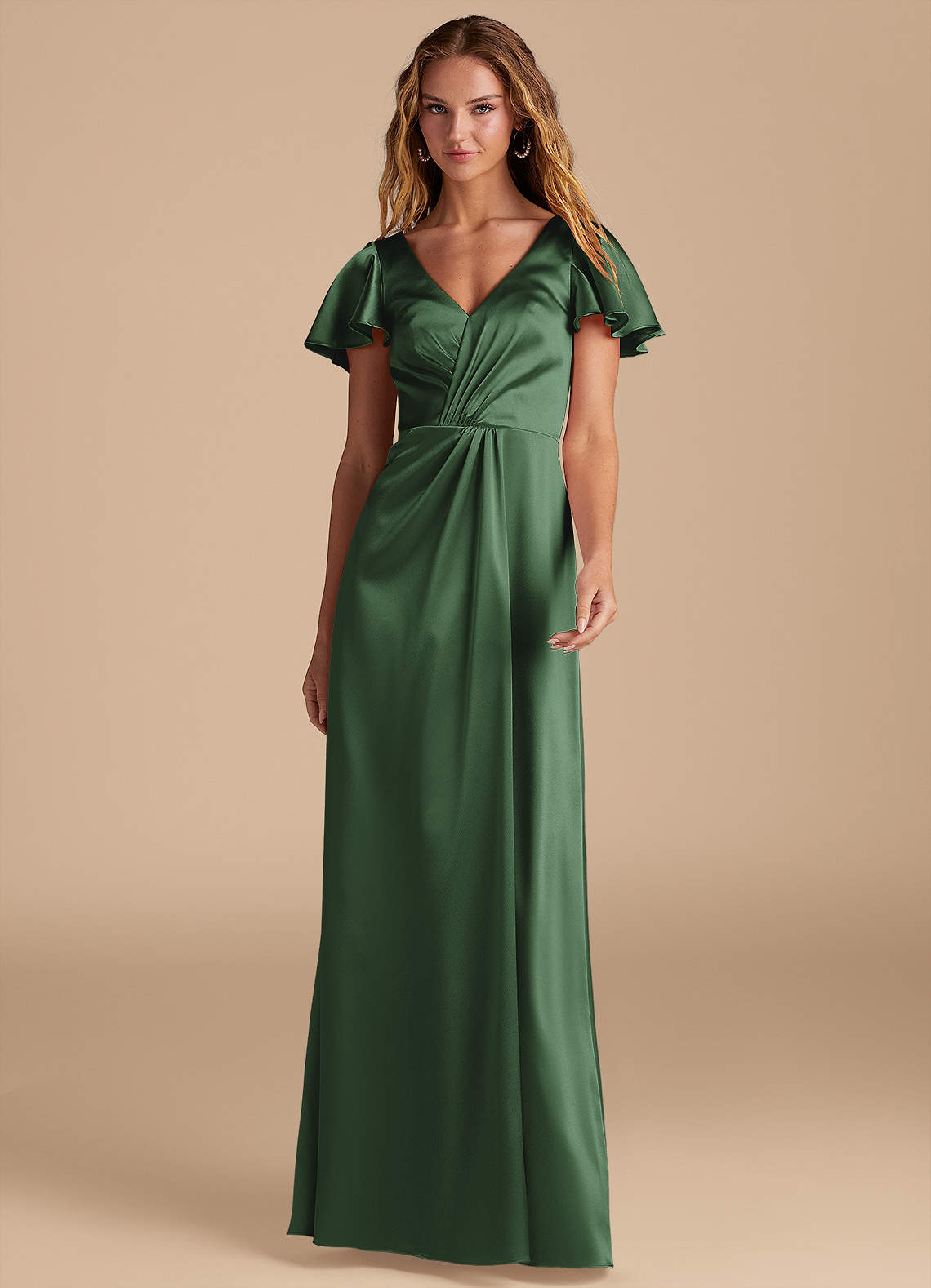 Azazie Soren Bridesmaid Dresses Eucalyptus A-Line Pleated Metallic Satin Dress image1