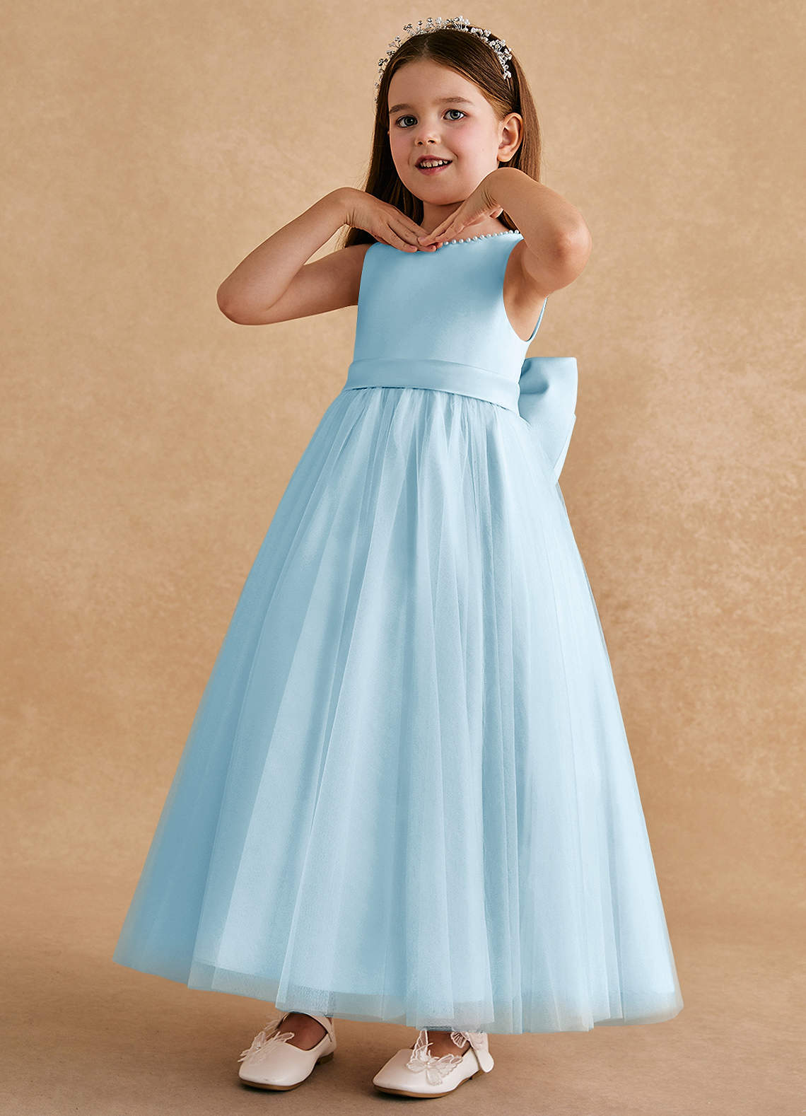 Azazie Cookie vestidos de niña de las flores Vestido de Azul Cielo de Tul de Corte En A con Lazo image3