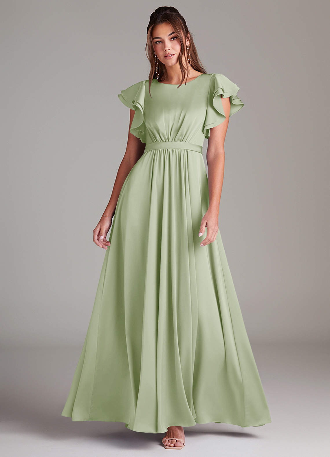 Azazie Daphne Modest Bridesmaid Dresses A-Line Ruched Stretch Satin Floor-Length Dress image1