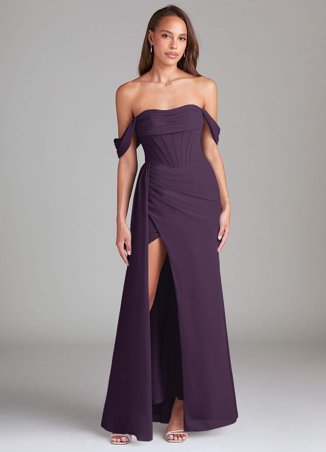 Azazie Amyra Bridesmaid Dresses Plum Sheath Off the Shoulder Chiffon Convertible Dress image1