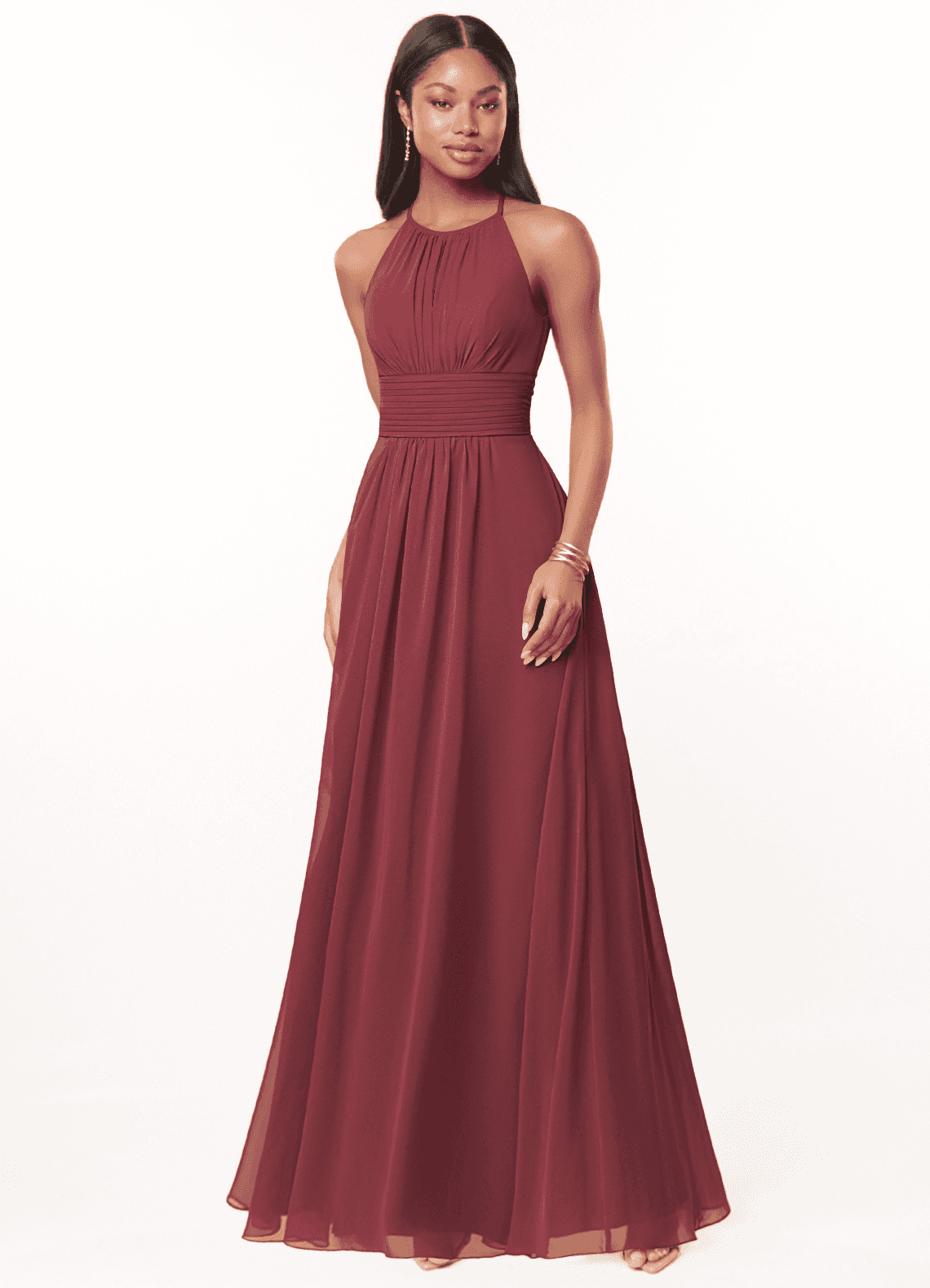 Azazie Bonnie Jurken voor bruidsmeisjes Jurk van Chiffon met A-Lijn Sleutelgat met ruches Merlot image1