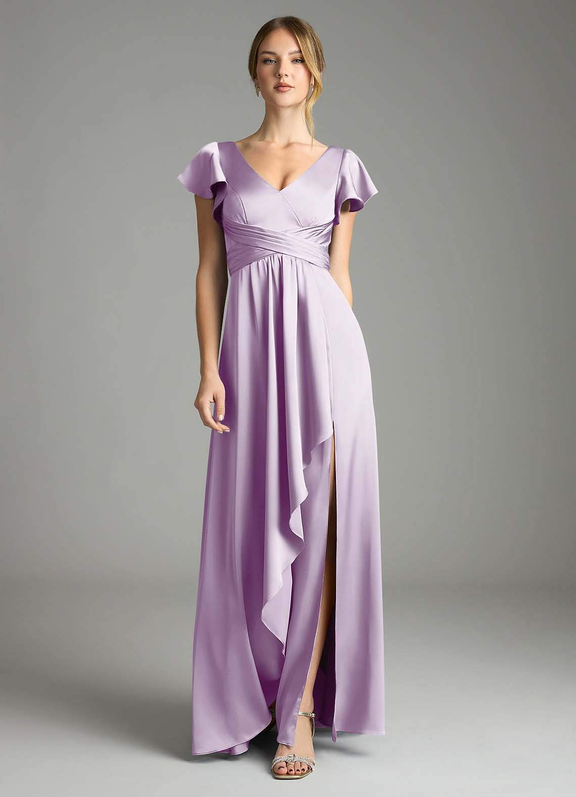 purple silver bridesmaid dresses Azazie Omari Frosted Lilac Stretch Satin no-returns:2026-07-15_2028-09-10 Christmas Party Long Black Size:XXS / US 0 neckline enhances the neckline