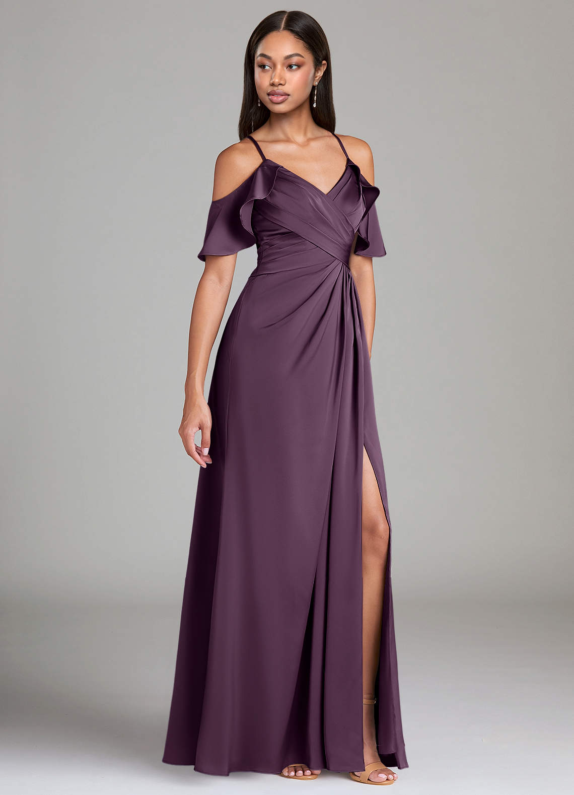 Azazie A-Line Off The Shoulder Floor-Length Stretch Satin Bridesmaid Dresses - Plum