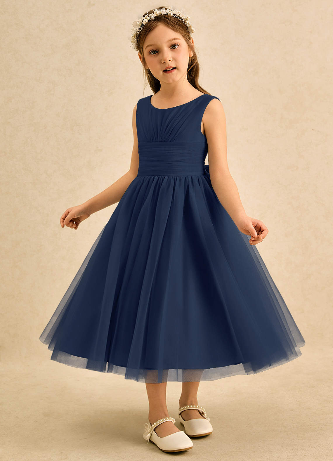 Azazie Macaron Blomsterpigekjoler A-Line Plisseret Tulle Te-længde Kjole image3