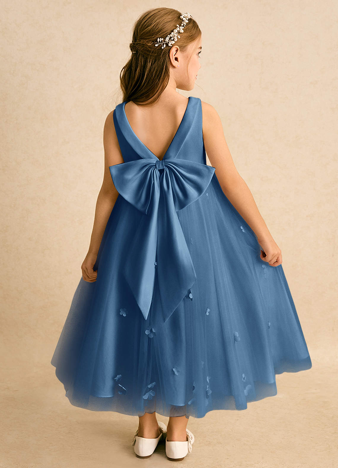 Azazie Angel Abiti da Ragazza di Fiori Abito Principessa in Tulle Fiocco Crepuscolo image1