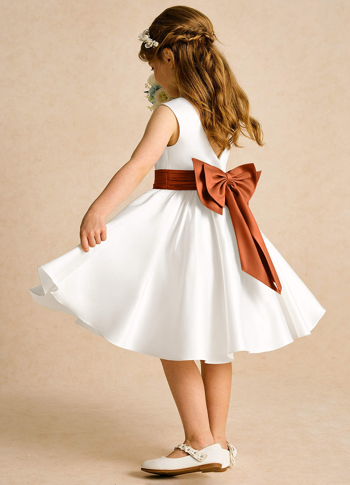 Azazie Sosie Flower Girl Dresses Ivory Burnt Orange A-Line Pleated Matte Satin Dress image3
