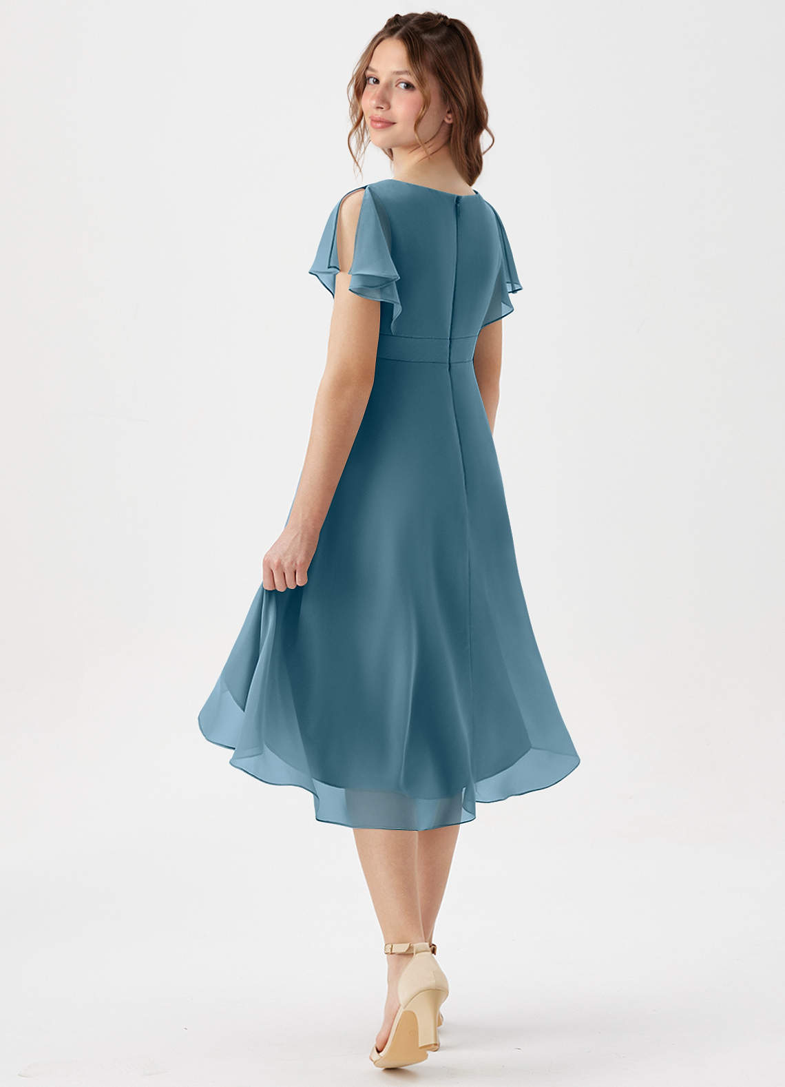 Azazie Graciela Junior A-Linie Plissee Chiffon Kleid Bermudablau image5