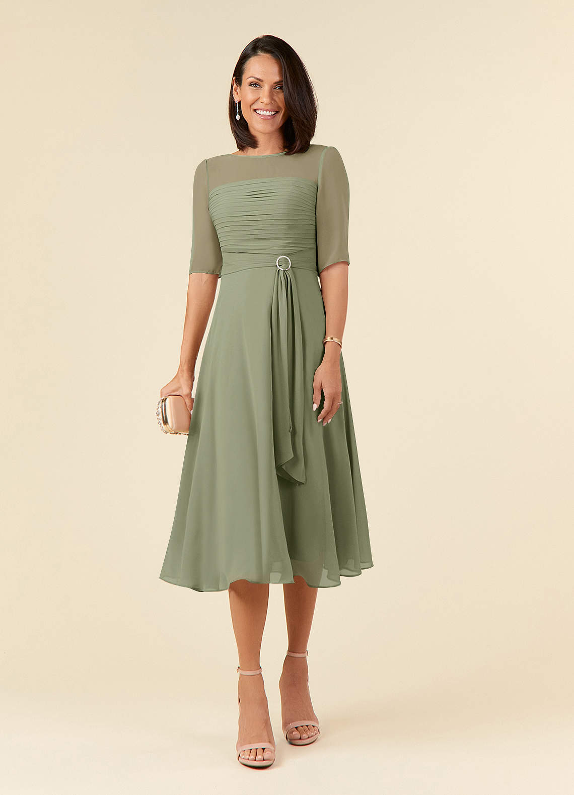 Azazie Naomi Mother of the Bride Dresses Pistachio A-Line Boatneck Pleated Chiffon Dress image1