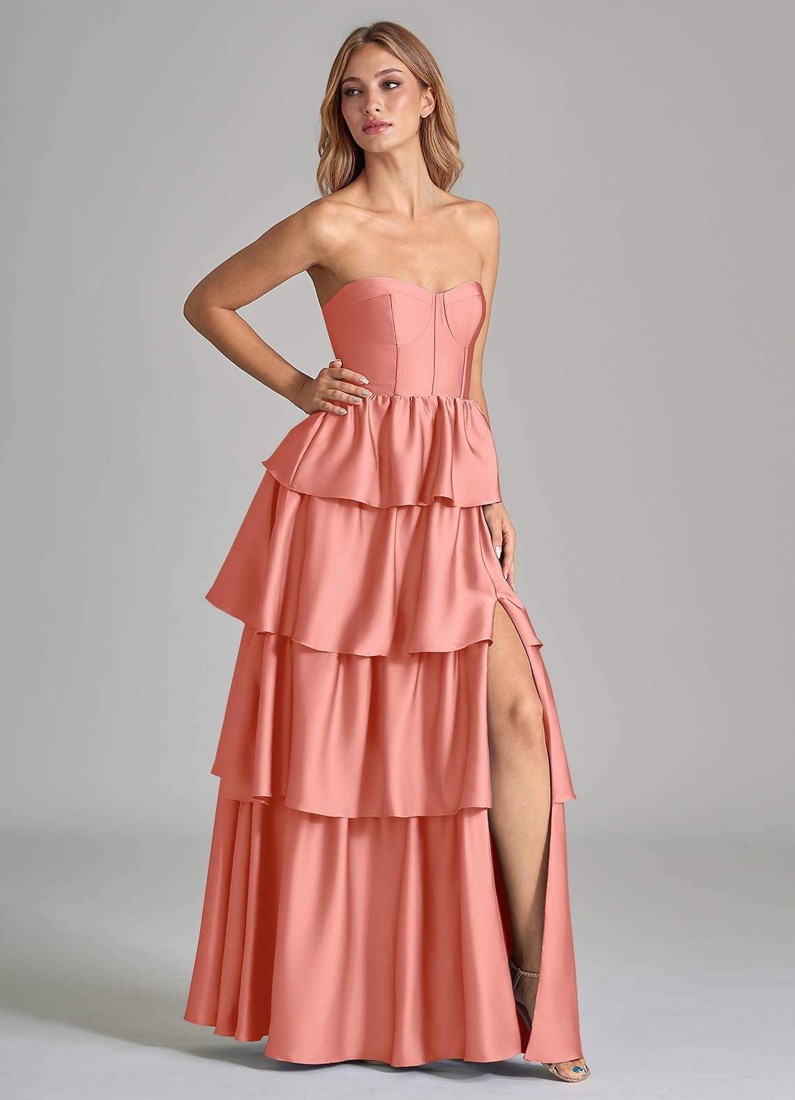 Azazie Faye Bridesmaid Dresses Coral A-Line Ruched Stretch Satin Dress image1