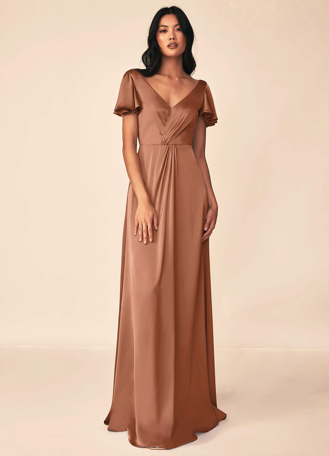 Azazie Soren Bridesmaid Dresses Bronzer A-Line Pleated Stretch Satin Dress image1