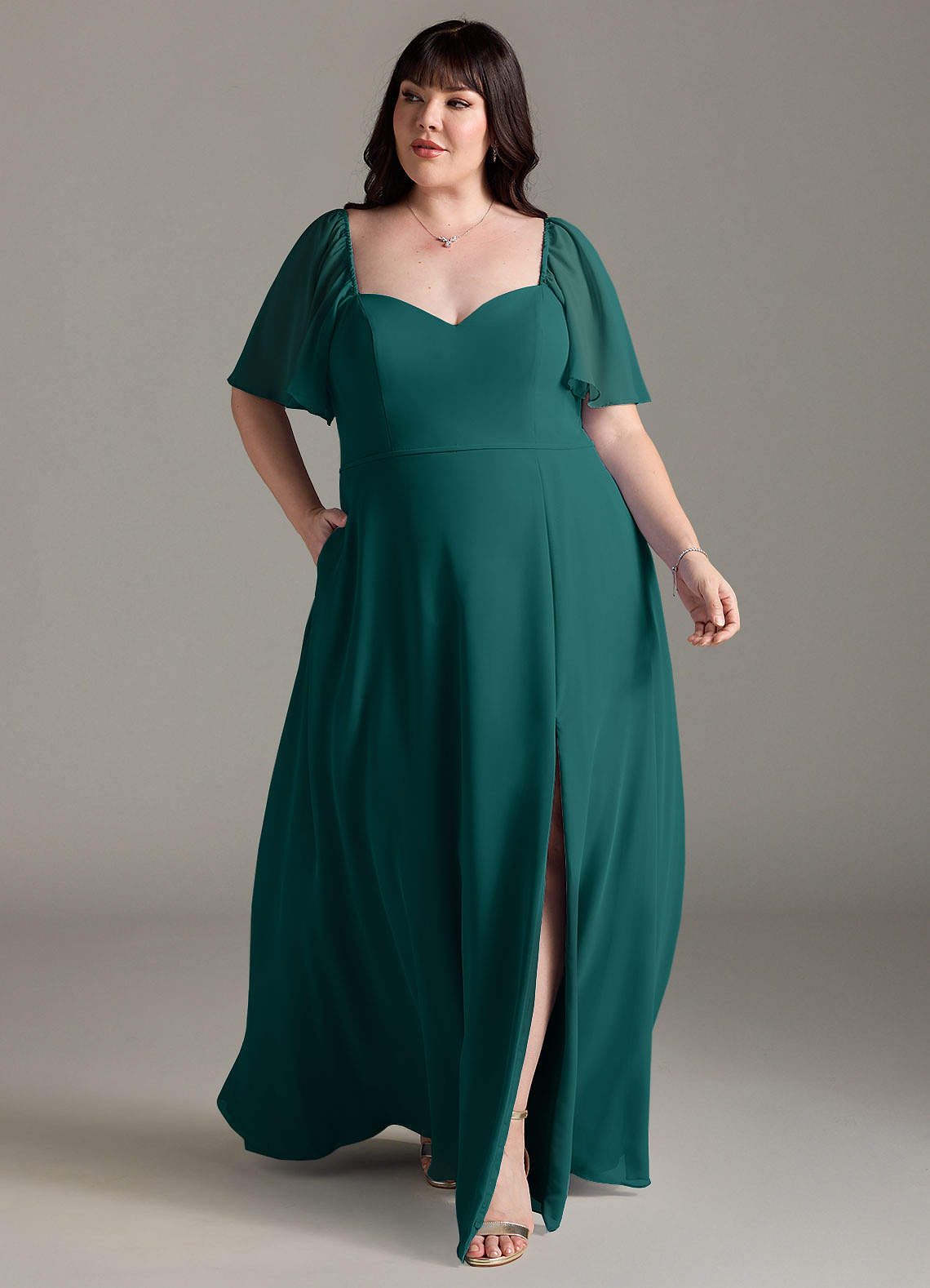 Azazie Chloe Abiti da Damigella Abito A-Line in Chiffon Scollo a Cuore Verde Pavone image1