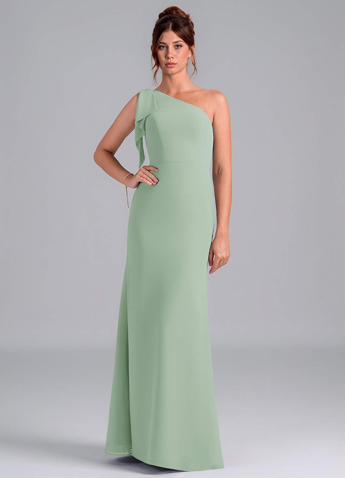 Azazie Rinna Bridesmaid Dresses Agave Mermaid One Shoulder Chiffon Dress image1