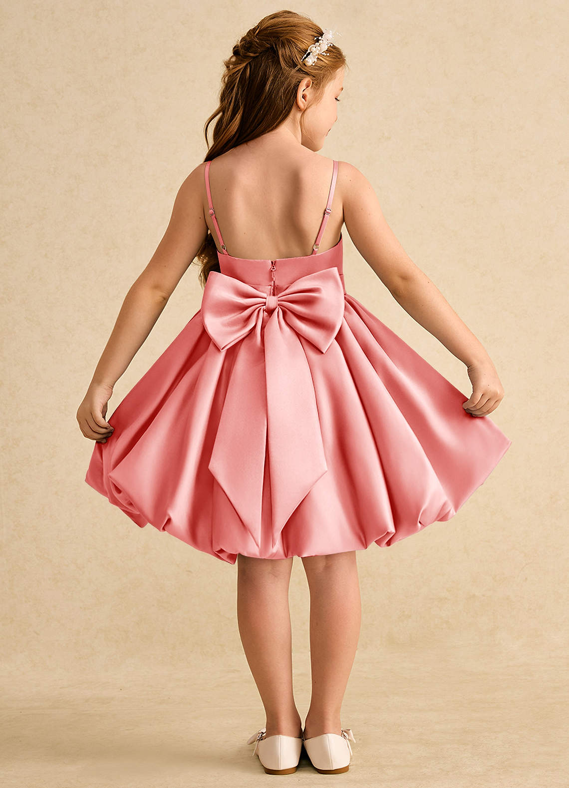 Azazie Davine vestidos de niña de las flores Vestido de Coral de Satin Mate de Corte En A con Tirante Espagueti image1