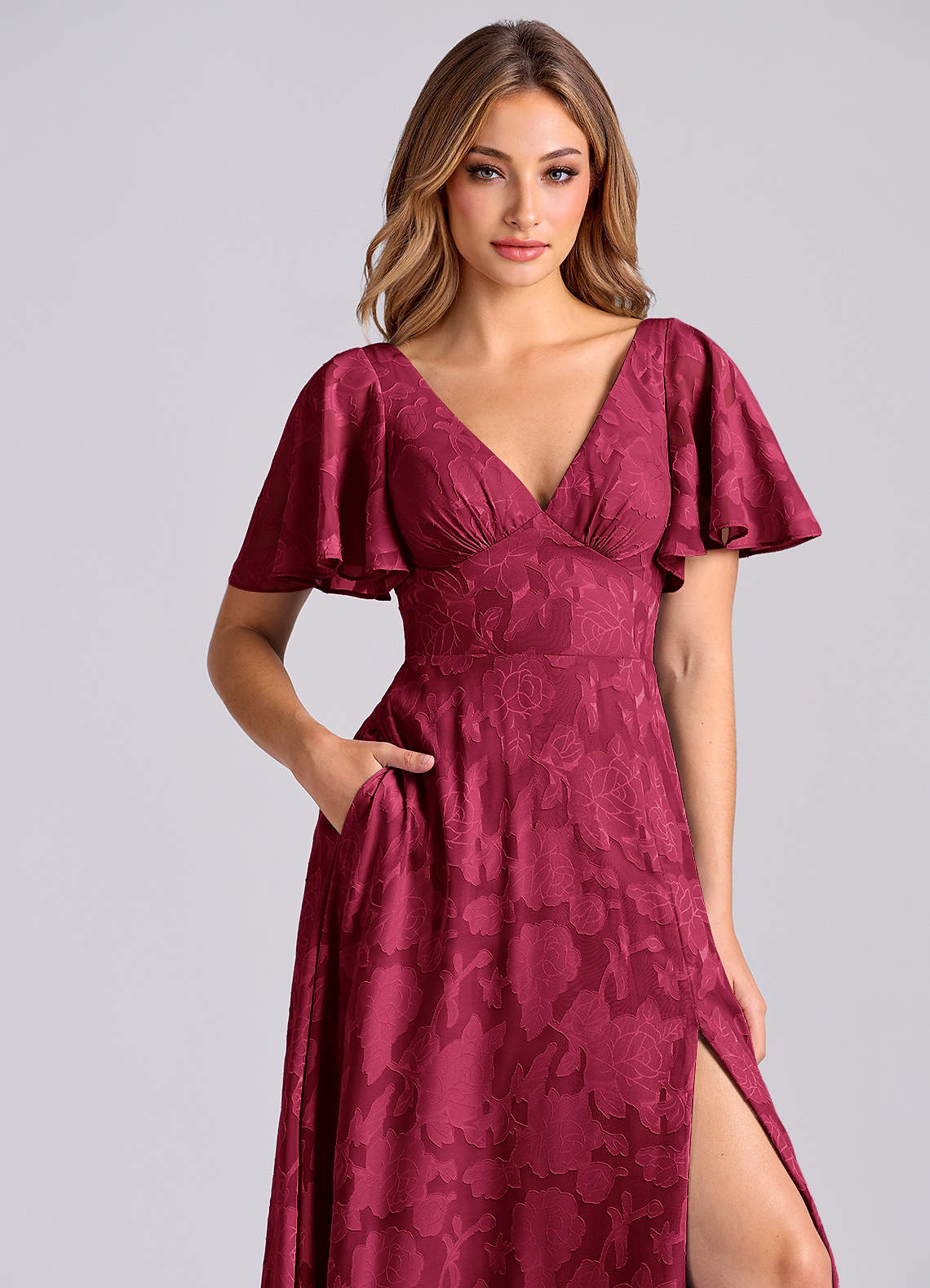 Azazie Kimber Bridesmaid Dresses Burgundy A-Line with Pockets Floral Burnout Dress image8