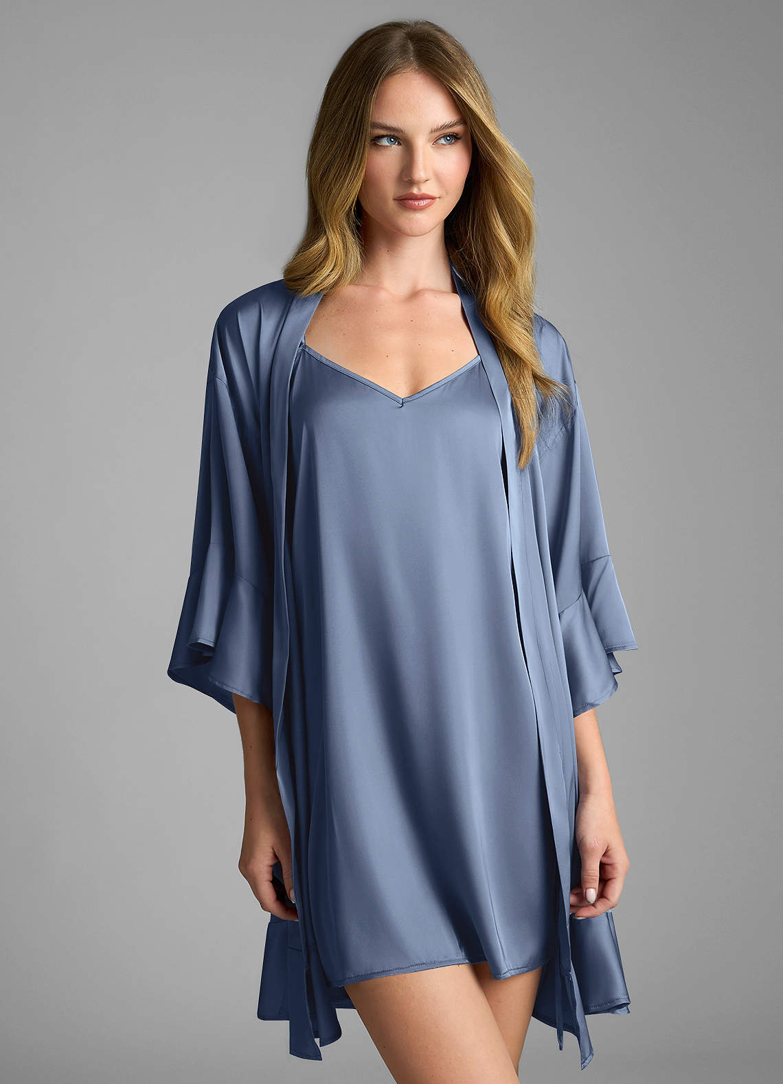 front 2-Piece Ruffle Satin Robe and Slip Set