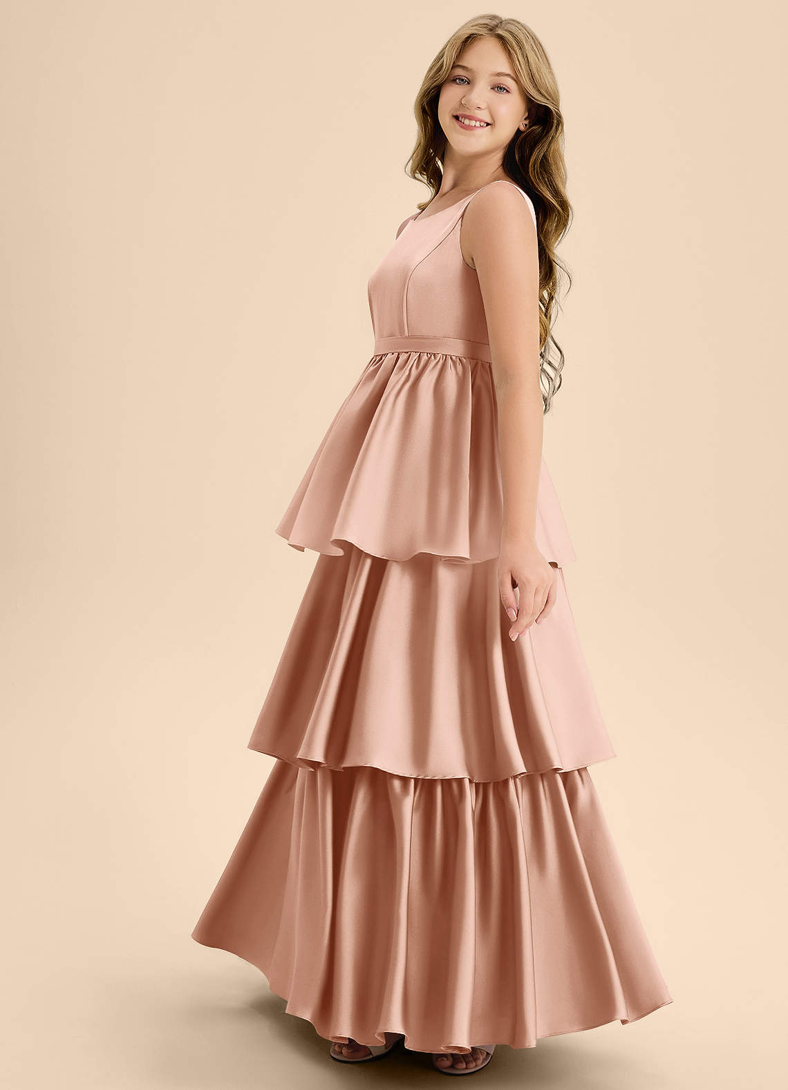Azazie Meadowyn Junior Abito A-Line in Raso Elasticizzato Fiocco Oro Rosa image4