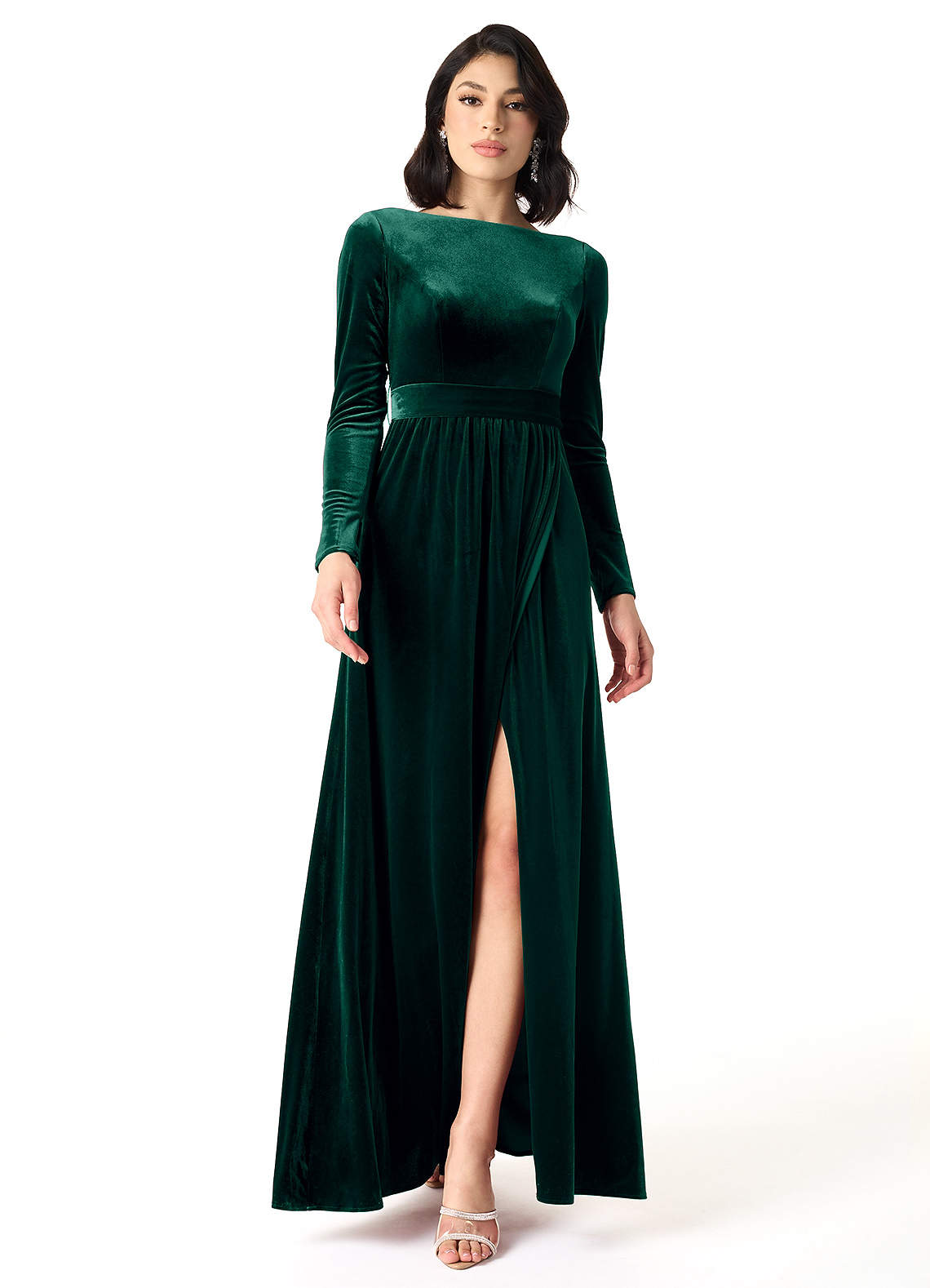 Azazie Brynn Bridesmaid Dresses Emerald A-Line Long Sleeve Velvet Dress image1