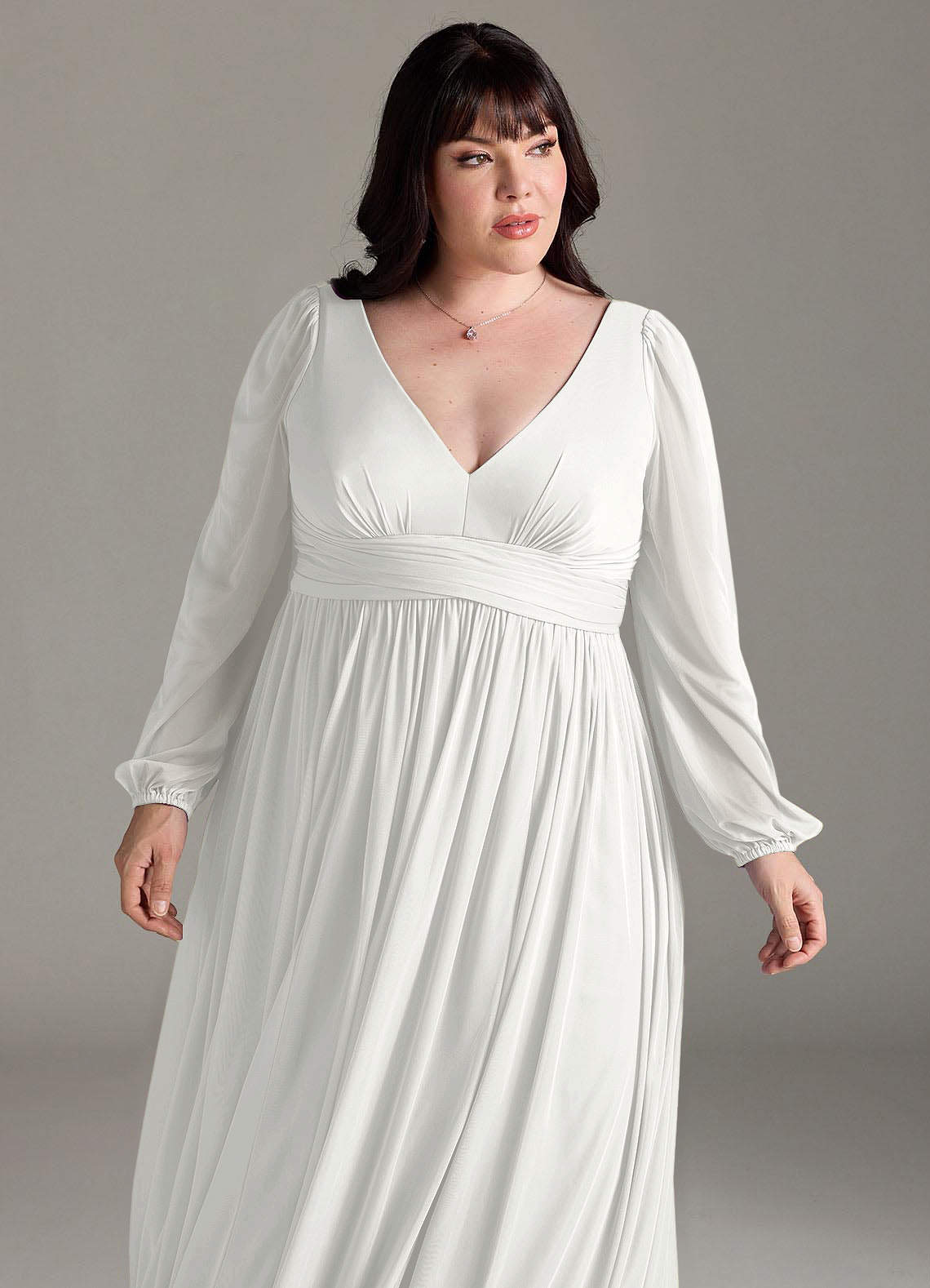 Azazie Norah Vestidos de madrinha de casamento Vestido Branco de Chiffon de Linha A com Manga comprida image11